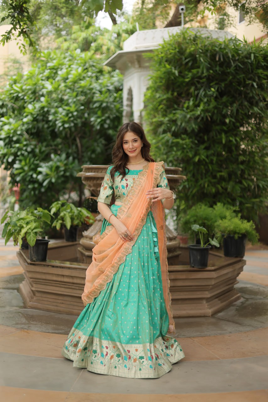 Pista Green Jequard Lehenga Choli with Russian Silk Embroidered Dupatta