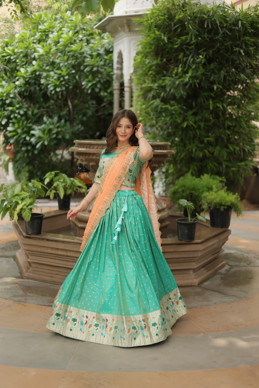 Pista Green Jequard Lehenga Choli with Russian Silk Embroidered Dupatta