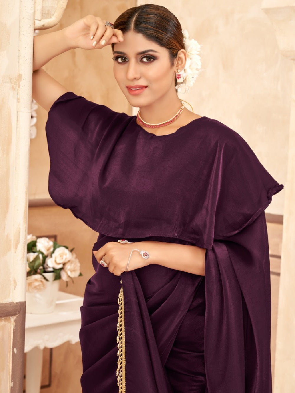 Wine Color Plain Jimi Silk Saree