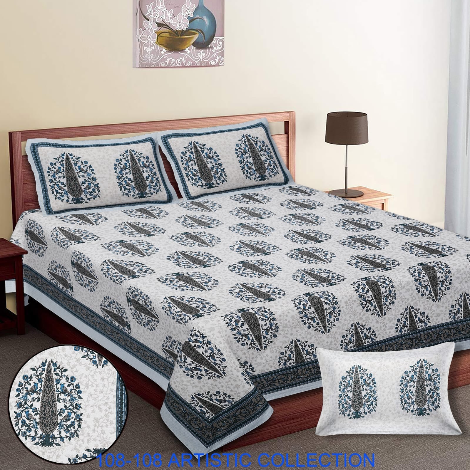 Jumbo Cotton Autoloom Bedsheet with 2 Zipper Pillow Covers – 108x108 Inches