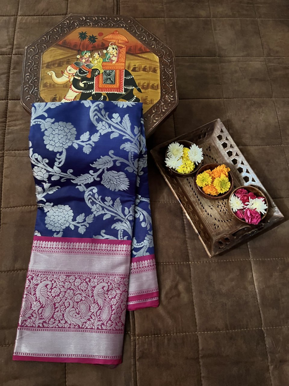 Kanjivaram Silk Blue & Pink Saree with Zari Weaving Work with Blouse