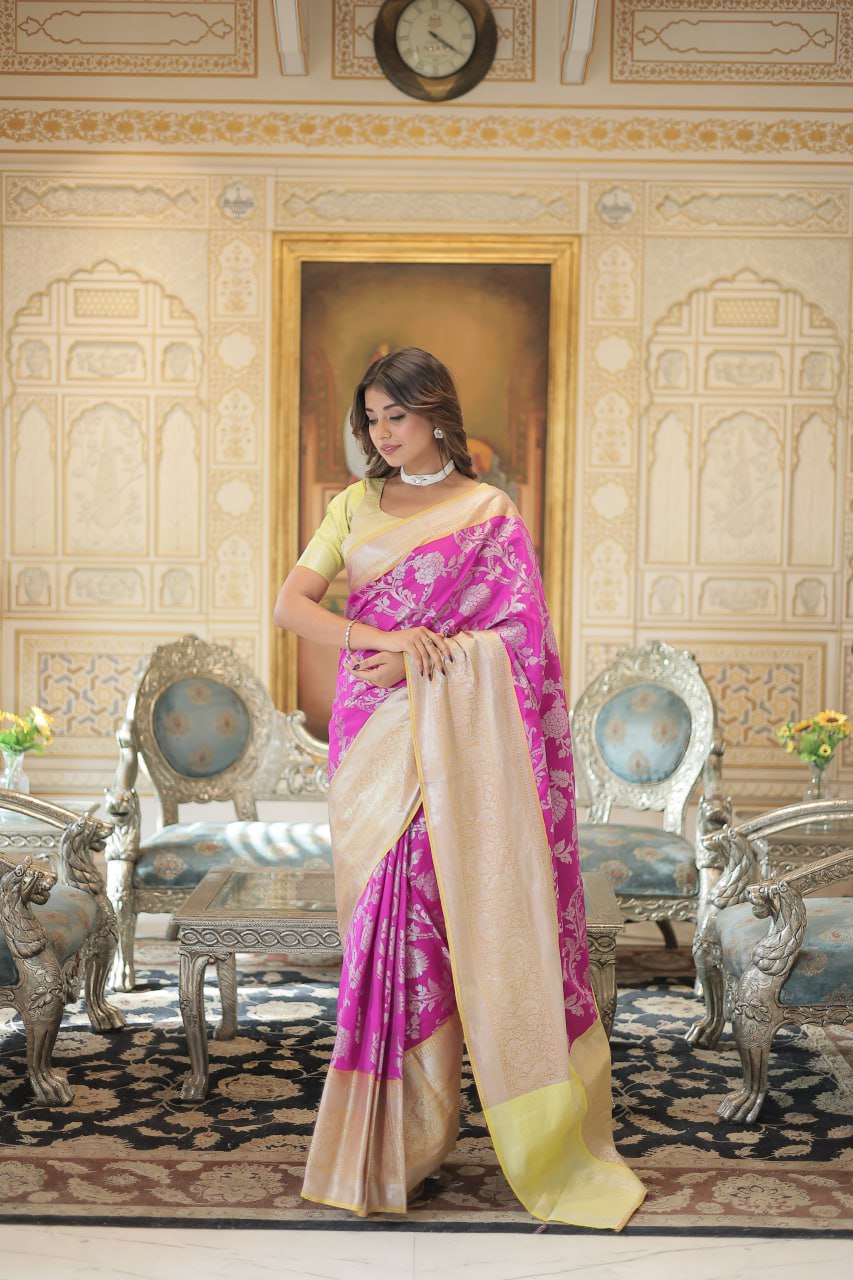 Kanjivaram Silk Pink Saree with Zari Weaving Work with Blouse