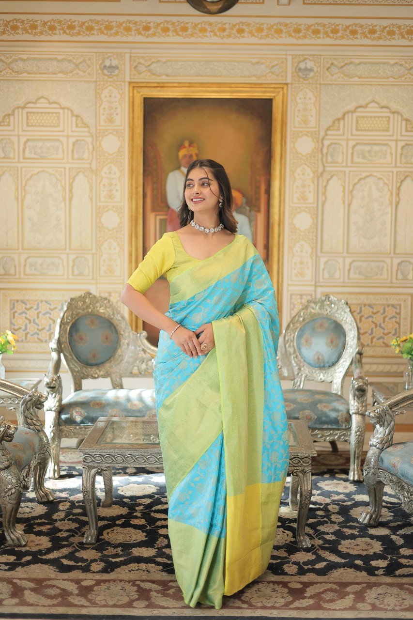 Kanjivaram Silk Yellow & Sky Blue Saree Zari Weaving Work with Blouse