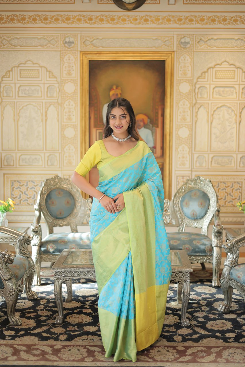 Kanjivaram Silk Yellow & Sky Blue Saree Zari Weaving Work with Blouse