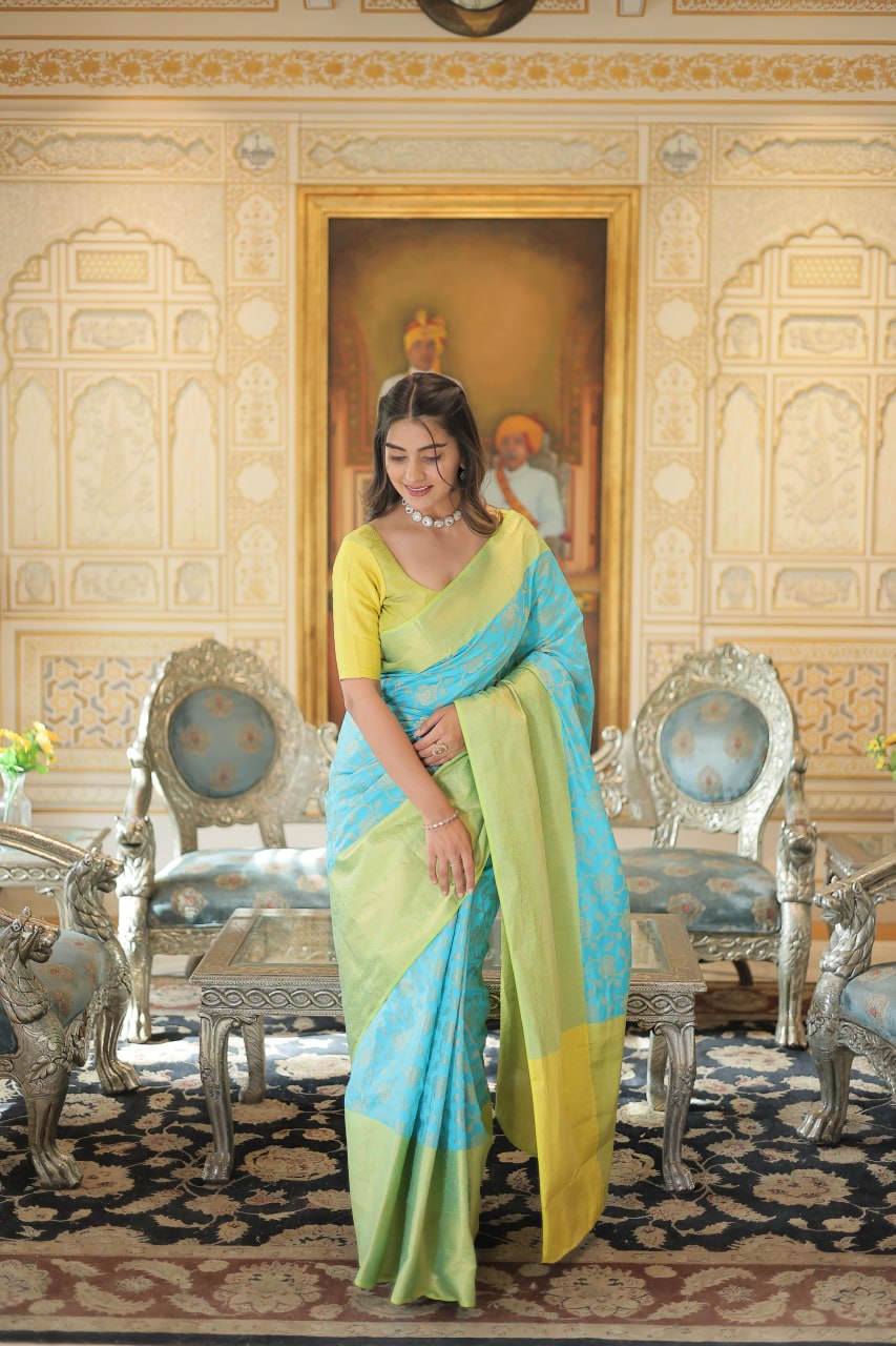 Kanjivaram Silk Yellow & Sky Blue Saree Zari Weaving Work with Blouse