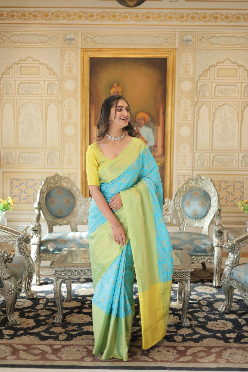 Kanjivaram Silk Yellow & Sky Blue Saree Zari Weaving Work with Blouse