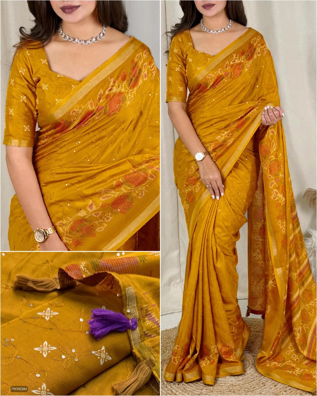 Kashmiri Printed Mul Cotton Saree with Zaal Thread Work & Jacquard Border