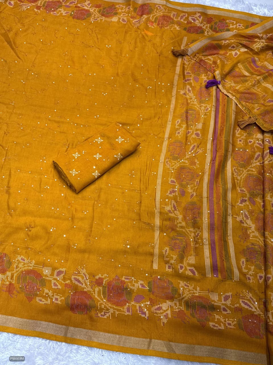 Kashmiri Printed Mul Cotton Saree with Zaal Thread Work & Jacquard Border