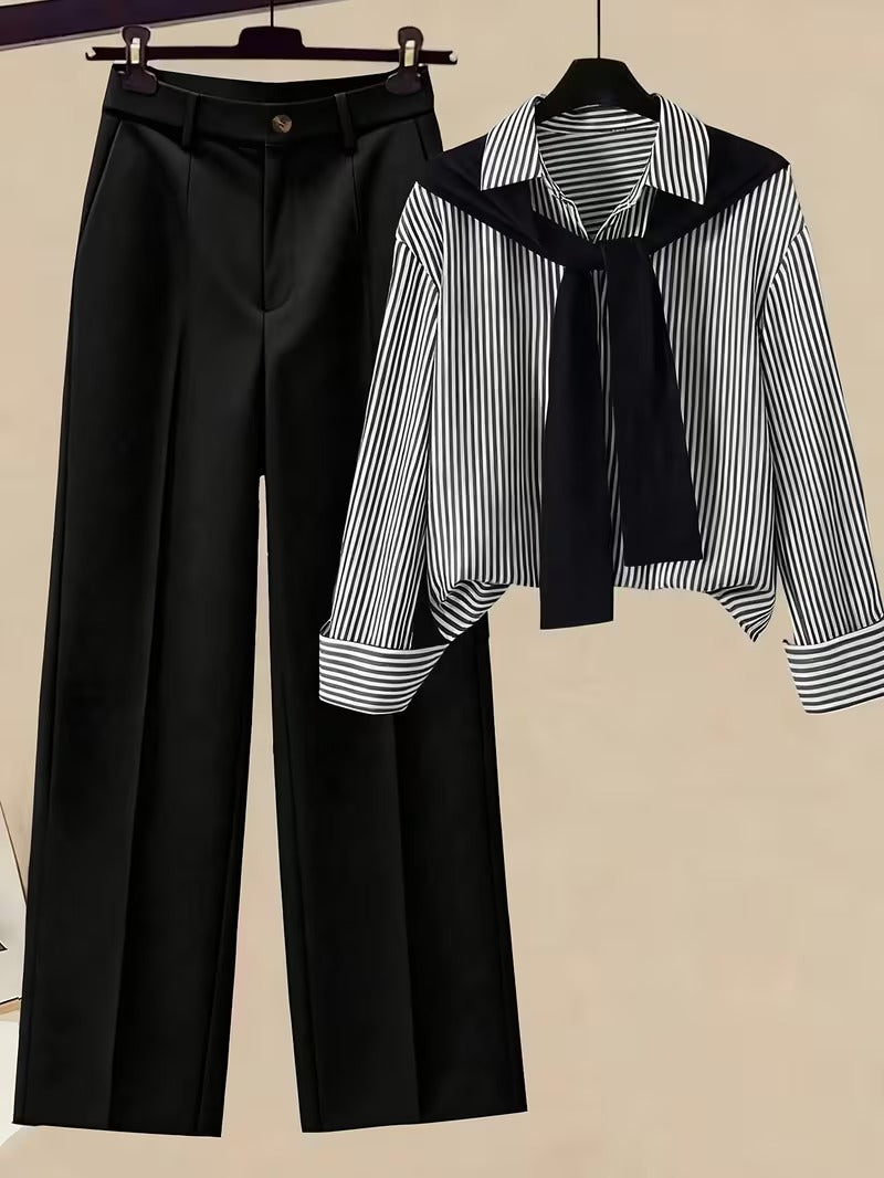 Women’s Autumn 3-Piece Outfit Set – Striped Scarf, Casual Shirt & High-Waist Wide-Leg Pants