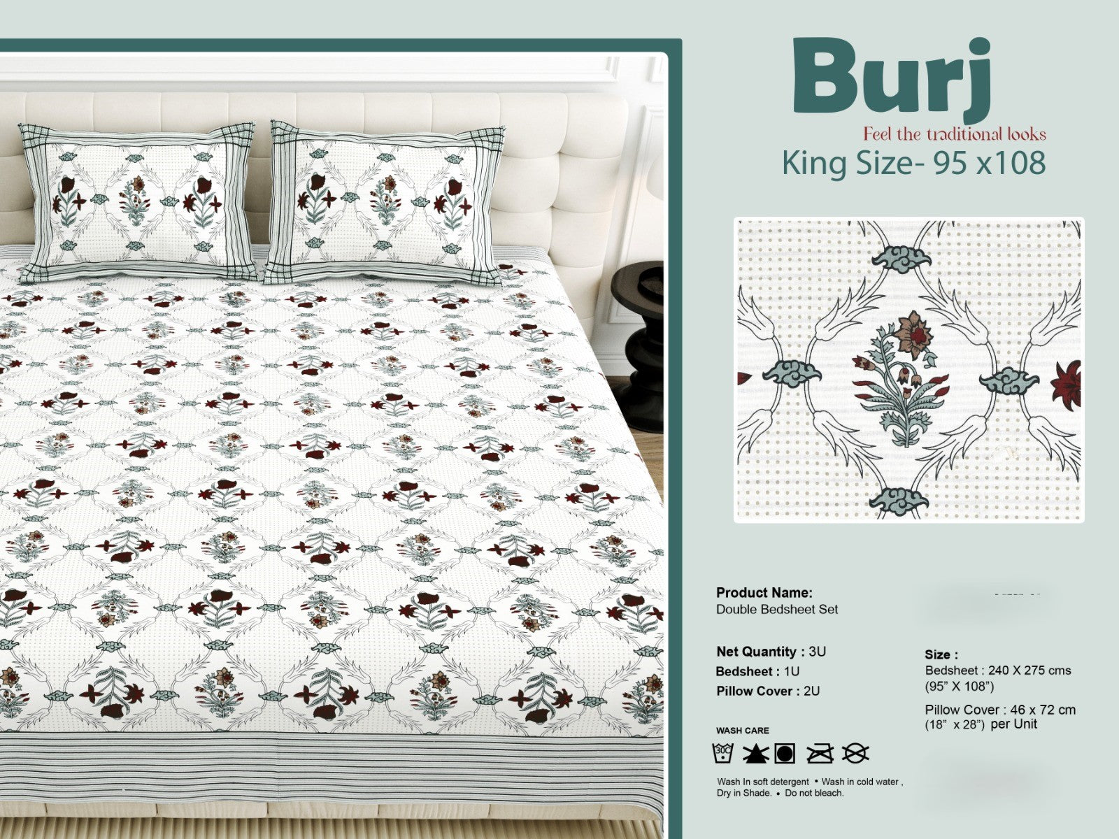 King Size Cotton-Viscose Blend Bedsheet with 2 Pillow Covers