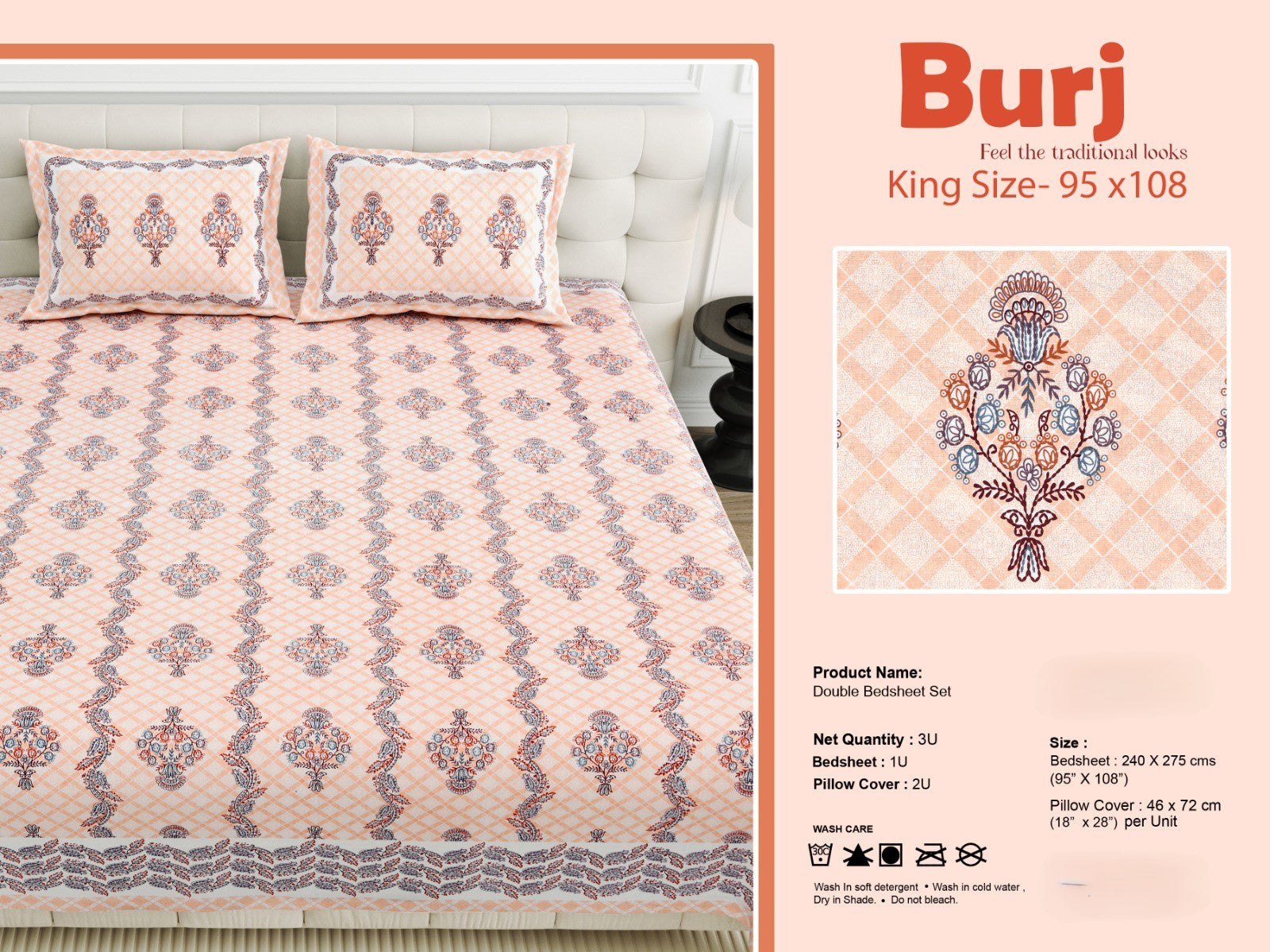 King Size Cotton-Viscose Blend Bedsheet with 2 Pillow Covers