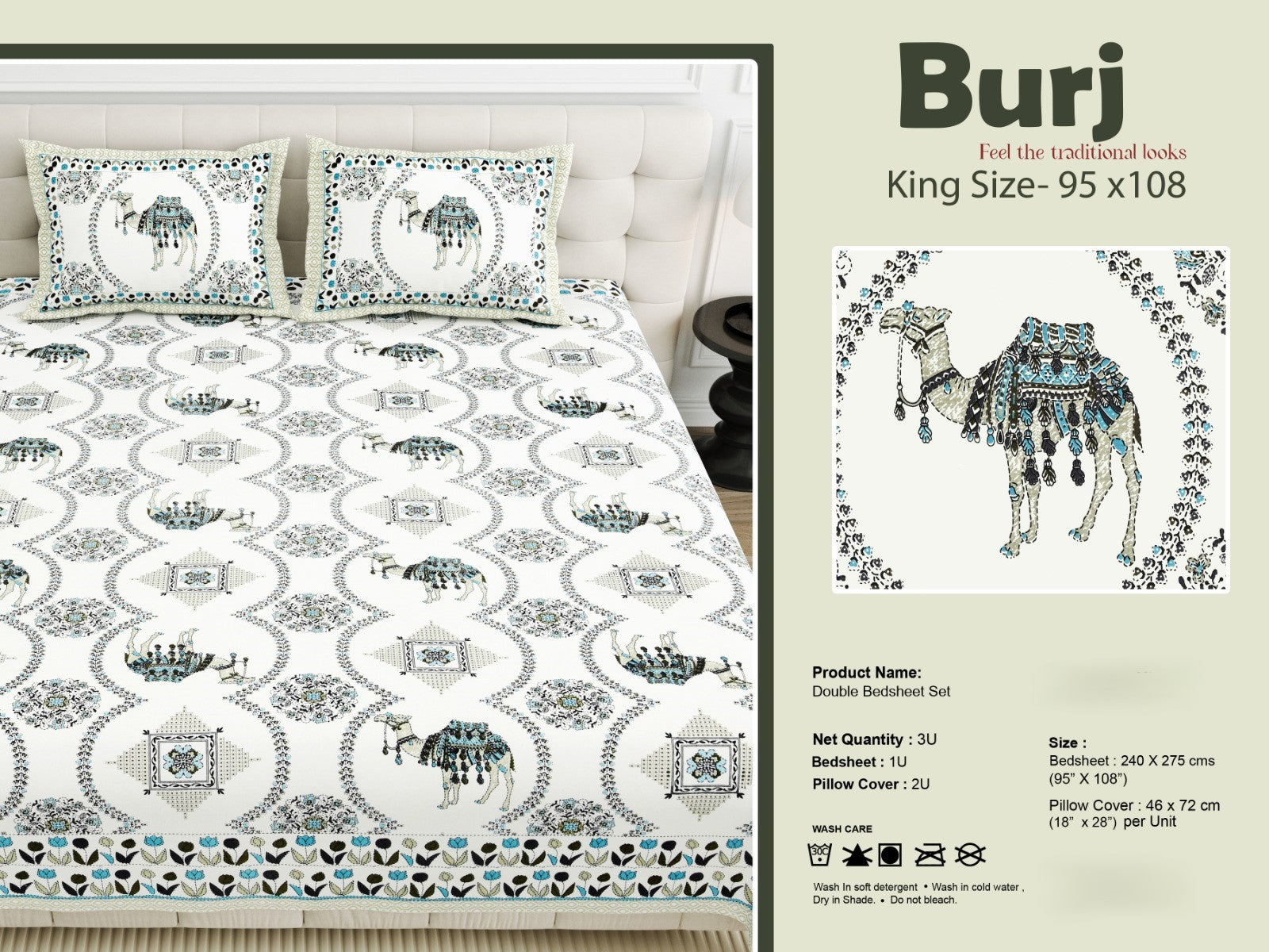 King Size Cotton-Viscose Blend Bedsheet with 2 Pillow Covers