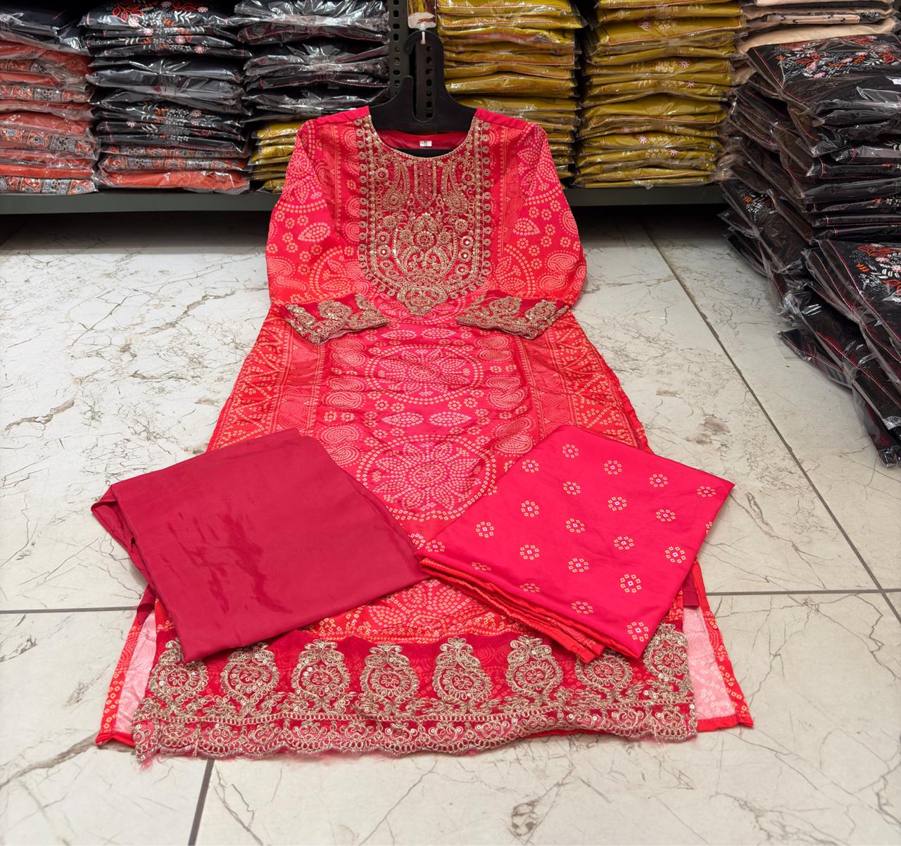 KitKat Silk 3 Piece Suit Set with Embroidery Neck & Dupatta