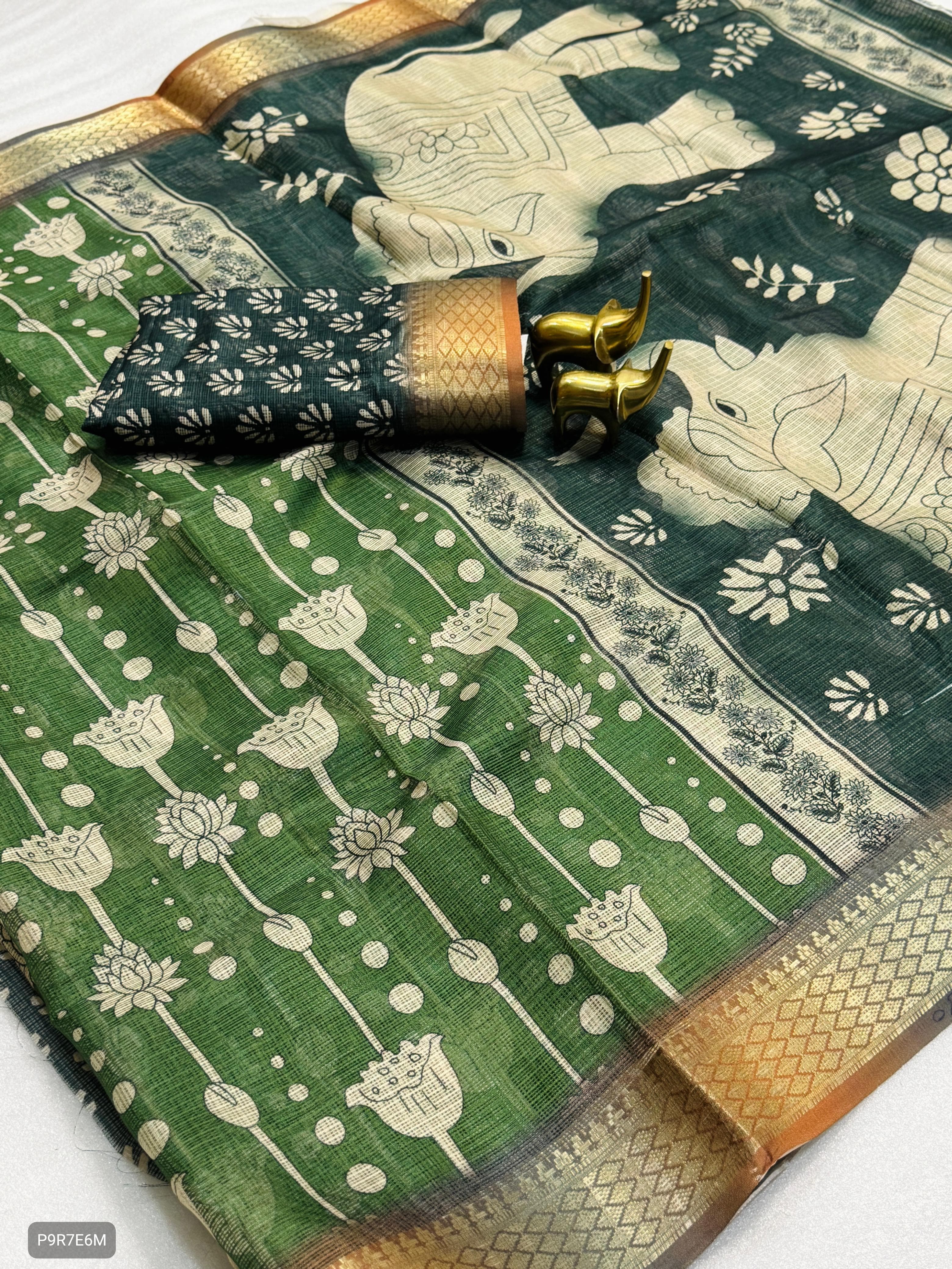 Kota Pattu Kalamkari Digital Print Saree with Contrast Weaving Border & Blouse
