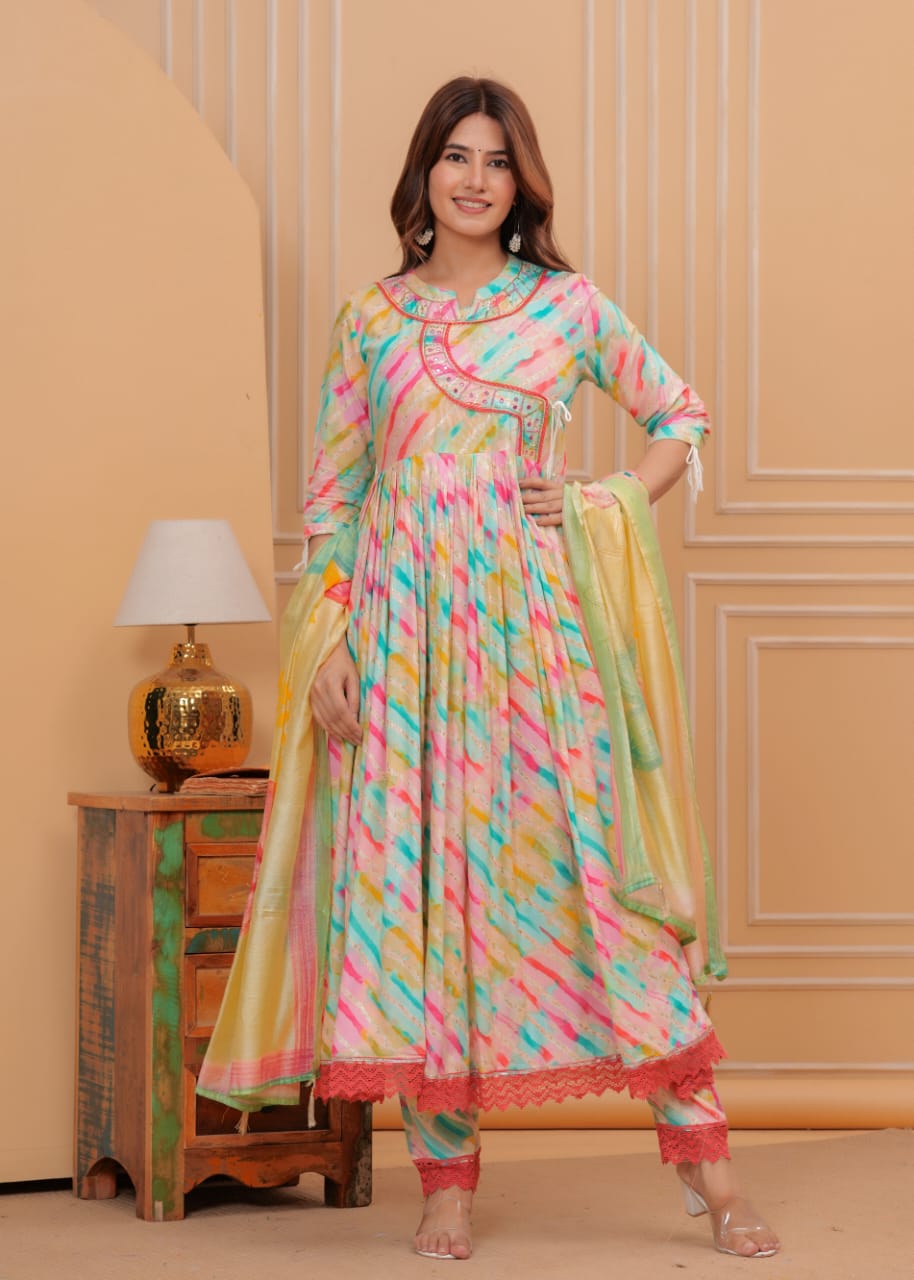 Lahariya Print Sequin & Mirror Work Muslin Suit Set with Chanderi Silk Dupatta