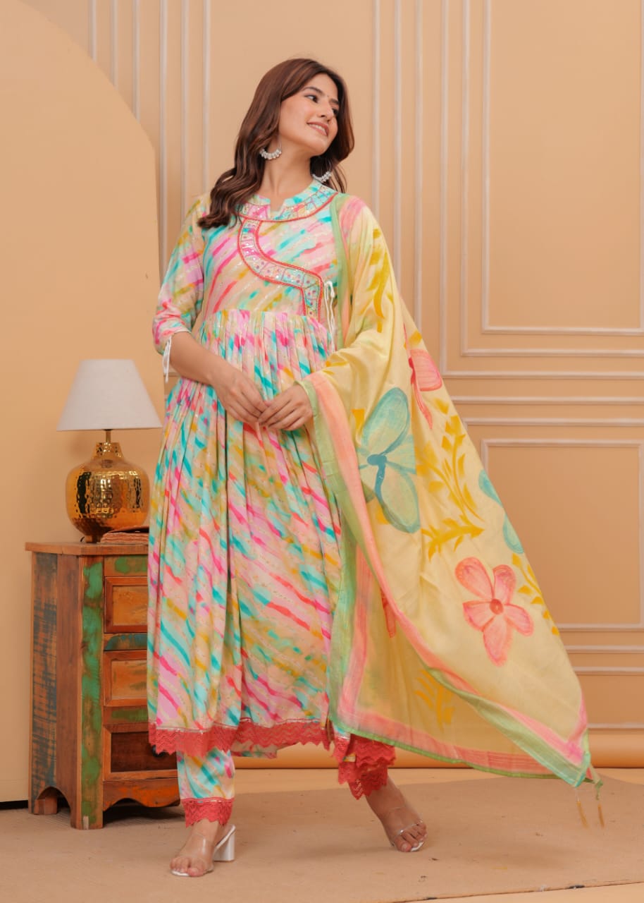 Lahariya Print Sequin & Mirror Work Muslin Suit Set with Chanderi Silk Dupatta