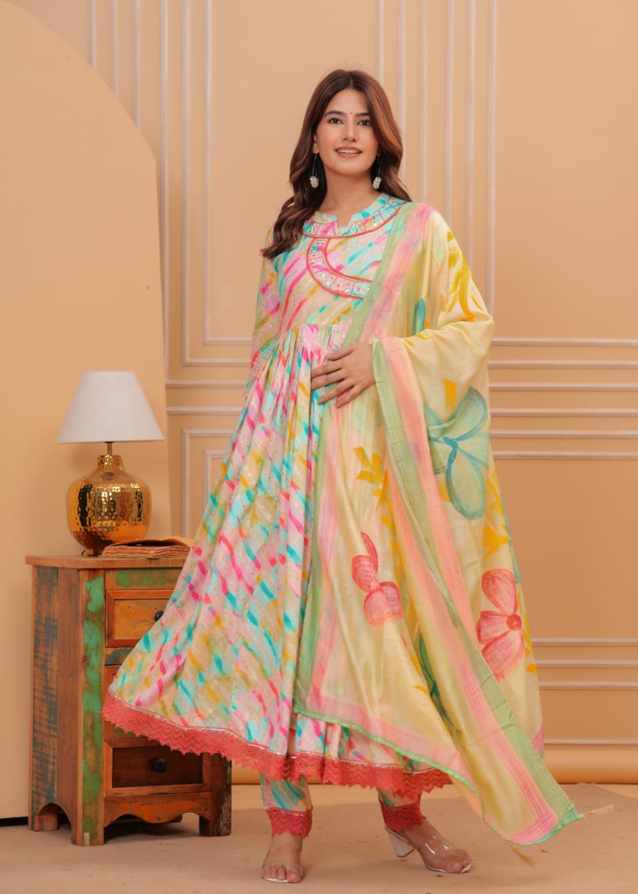 Lahariya Print Sequin & Mirror Work Muslin Suit Set with Chanderi Silk Dupatta