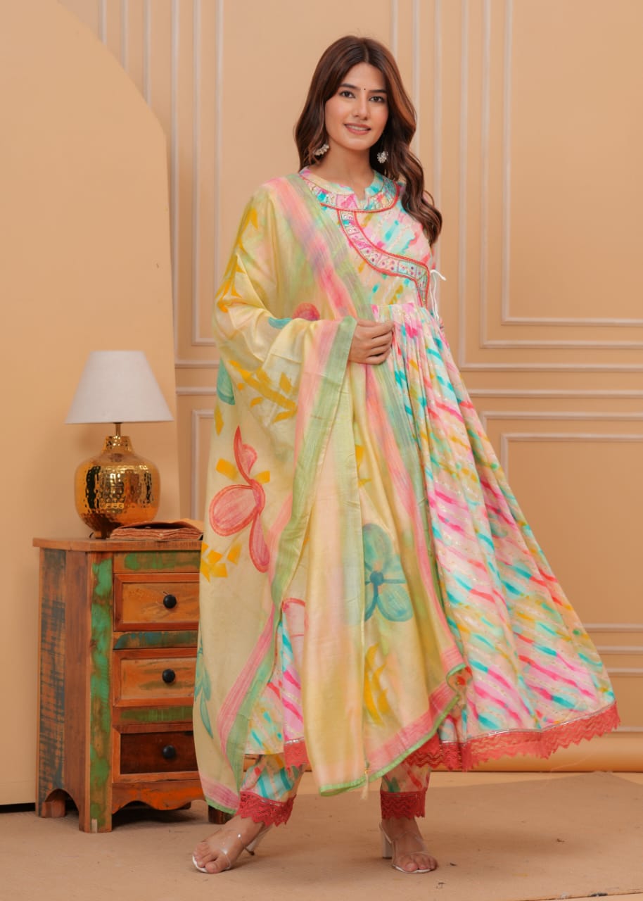 Lahariya Print Sequin & Mirror Work Muslin Suit Set with Chanderi Silk Dupatta