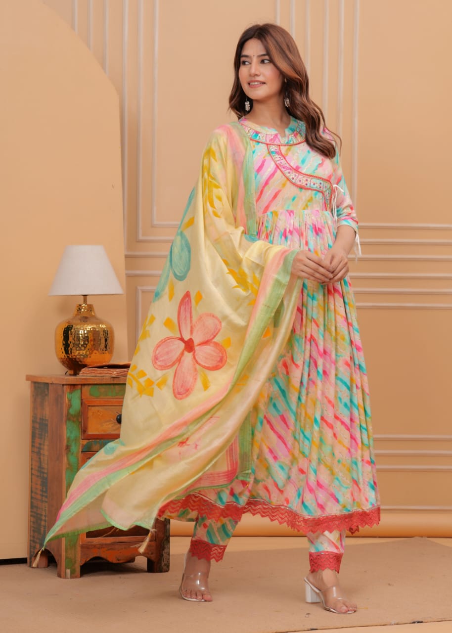 Lahariya Print Sequin & Mirror Work Muslin Suit Set with Chanderi Silk Dupatta