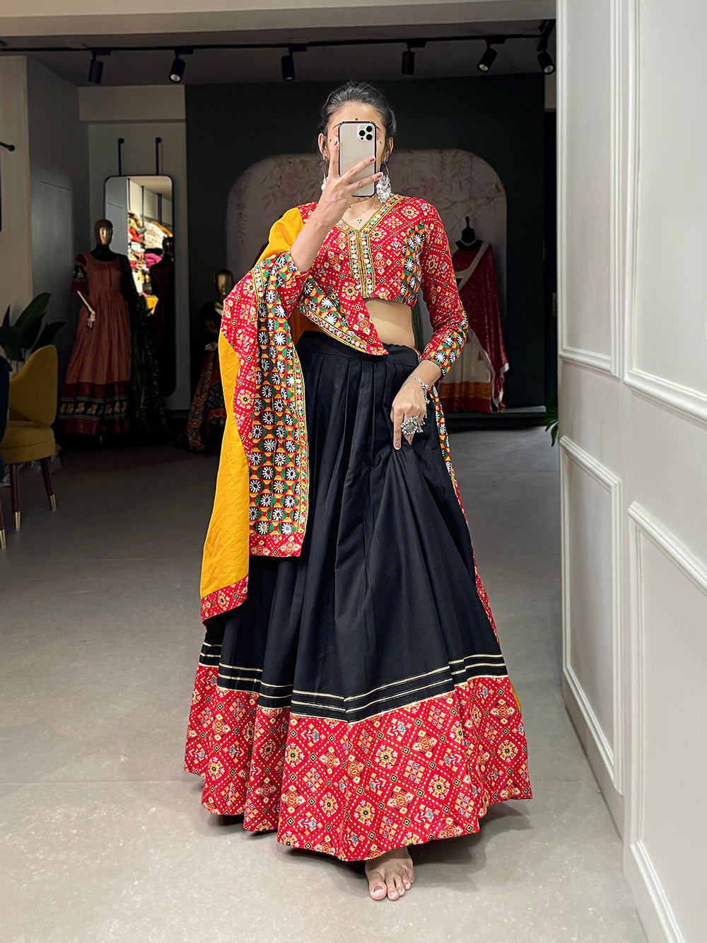 Red Color Digital Printed And Gamthi Work Cotton Chaniya Choli