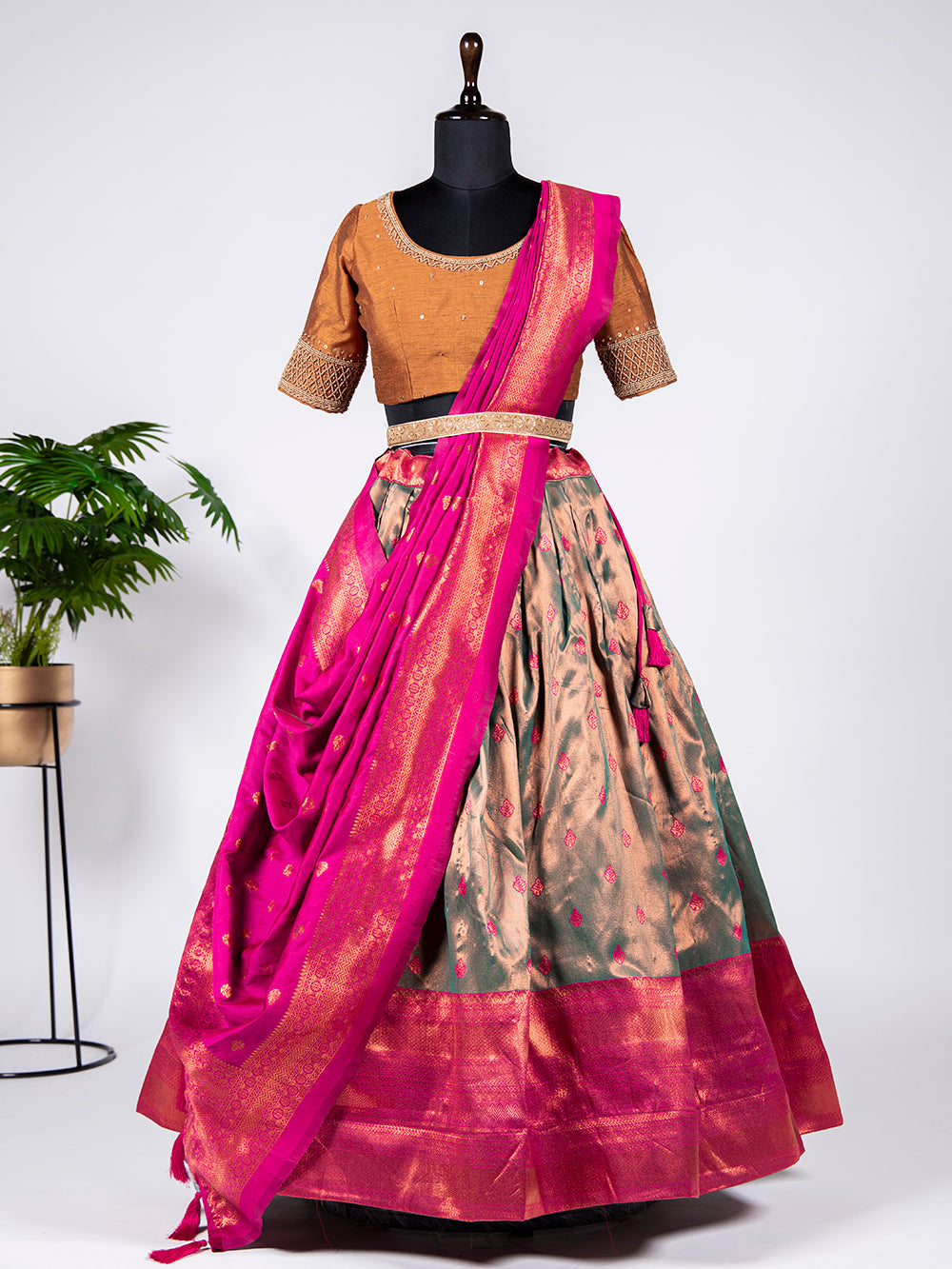 Mehendi Color Zari Weaving Work Jacquard Lehenga Choli