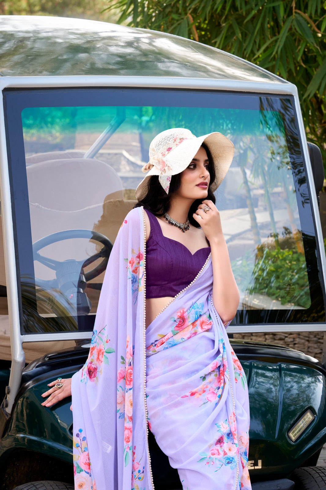 Lavender Graceful Weightless Marble Saree with Floral Print & Pearl Lace Border – Includes Banglory Blouse Piece