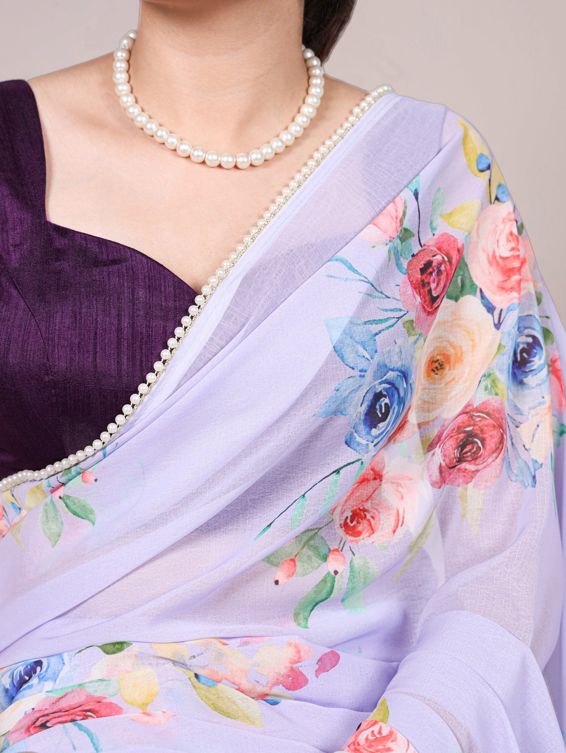 Lavender Graceful Weightless Marble Saree with Floral Print & Pearl Lace Border – Includes Banglory Blouse Piece