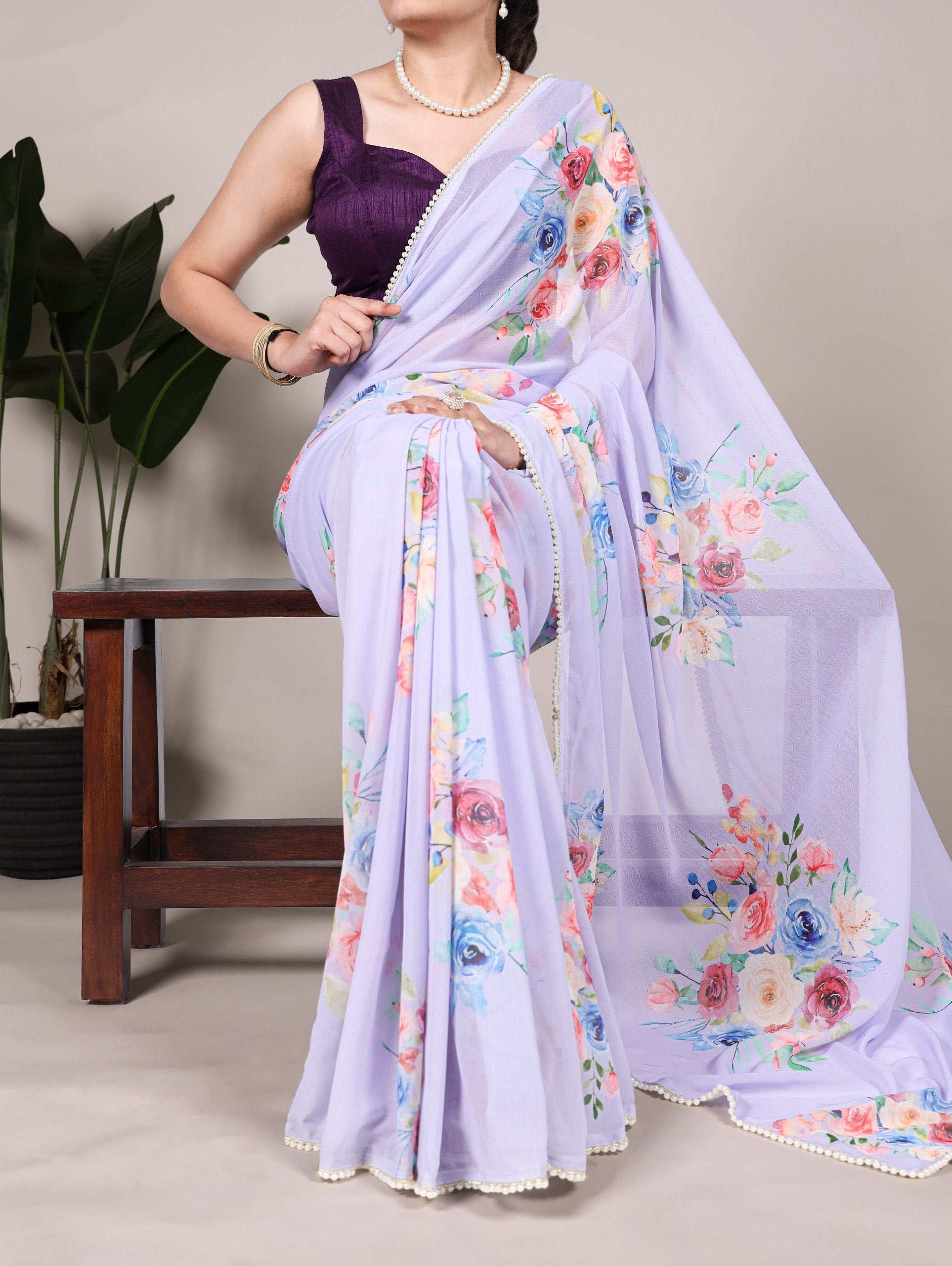 Lavender Graceful Weightless Marble Saree with Floral Print & Pearl Lace Border – Includes Banglory Blouse Piece