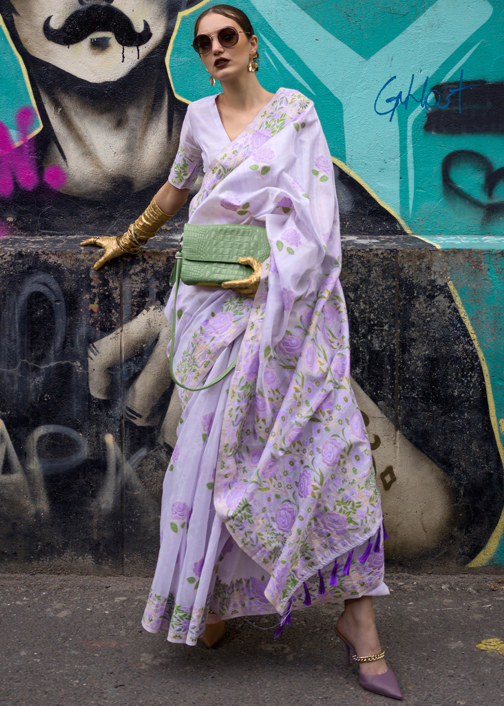 Lavender Banarasi Silk Saree with Zari Kashmiri Weaving  & Unstitched Blouse