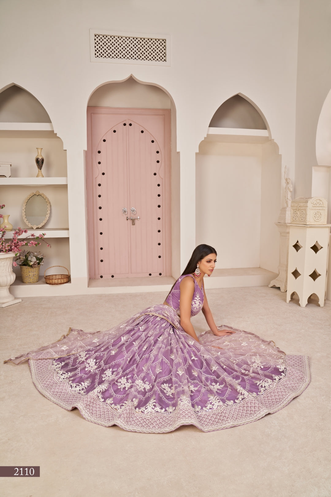 Lavender Butterfly Net Lehenga with Elegant White Thread & Zari Embroidery