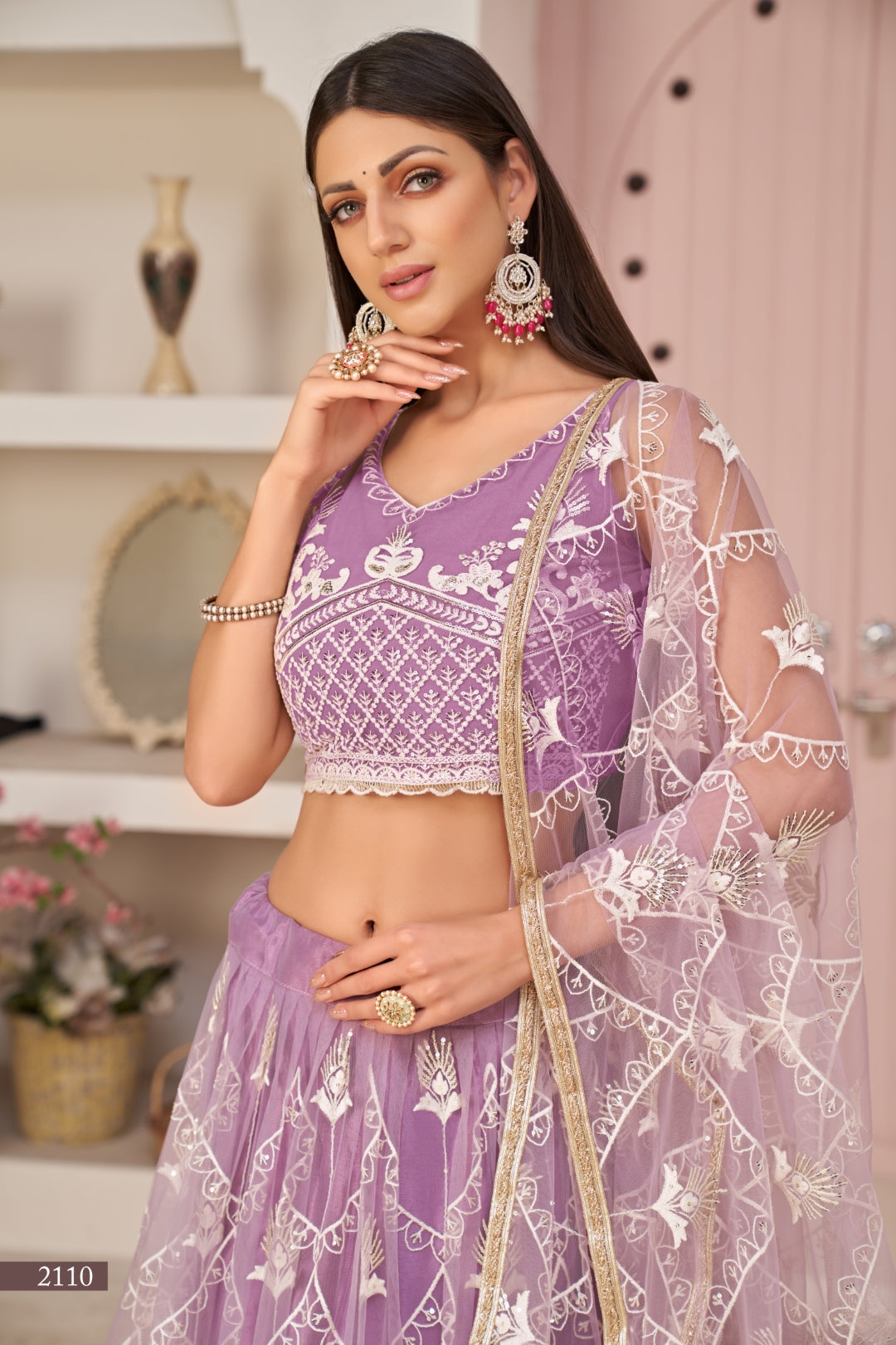 Lavender Butterfly Net Lehenga with Elegant White Thread & Zari Embroidery