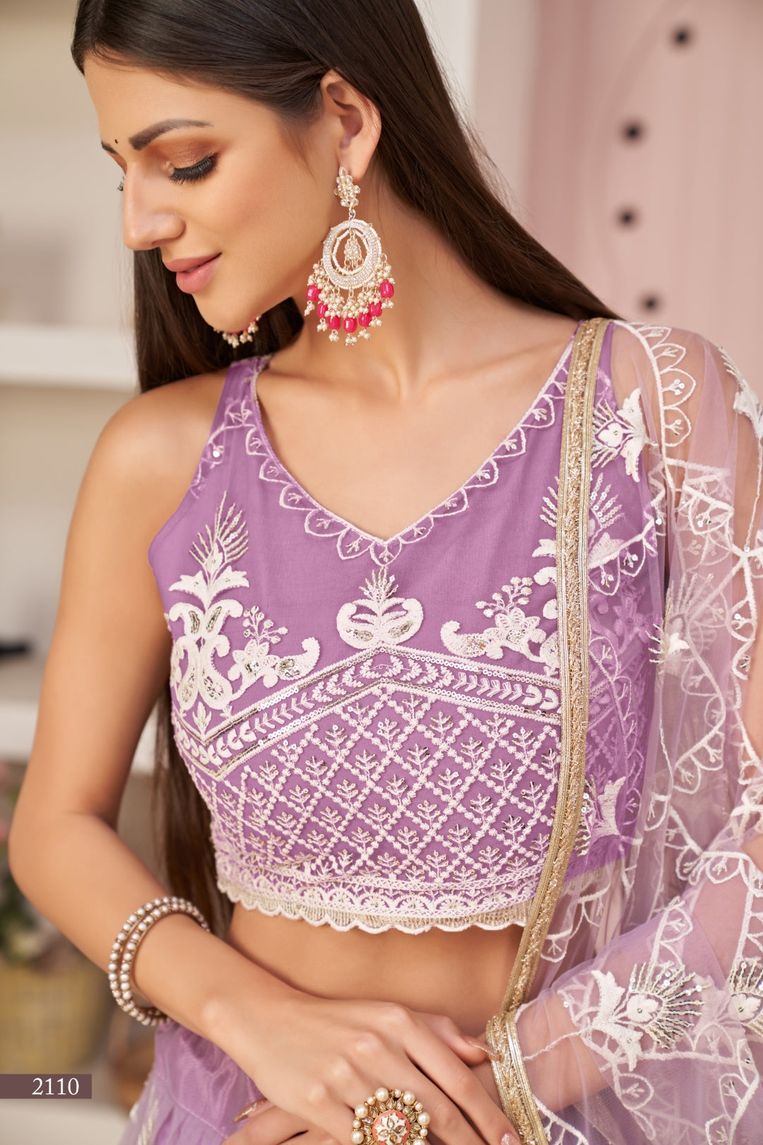Lavender Butterfly Net Lehenga with Elegant White Thread & Zari Embroidery