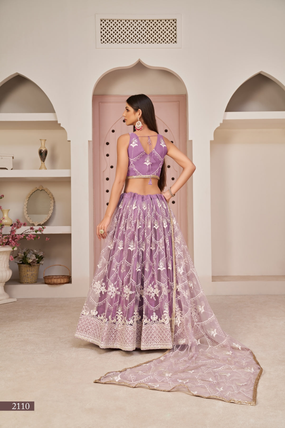 Lavender Butterfly Net Lehenga with Elegant White Thread & Zari Embroidery