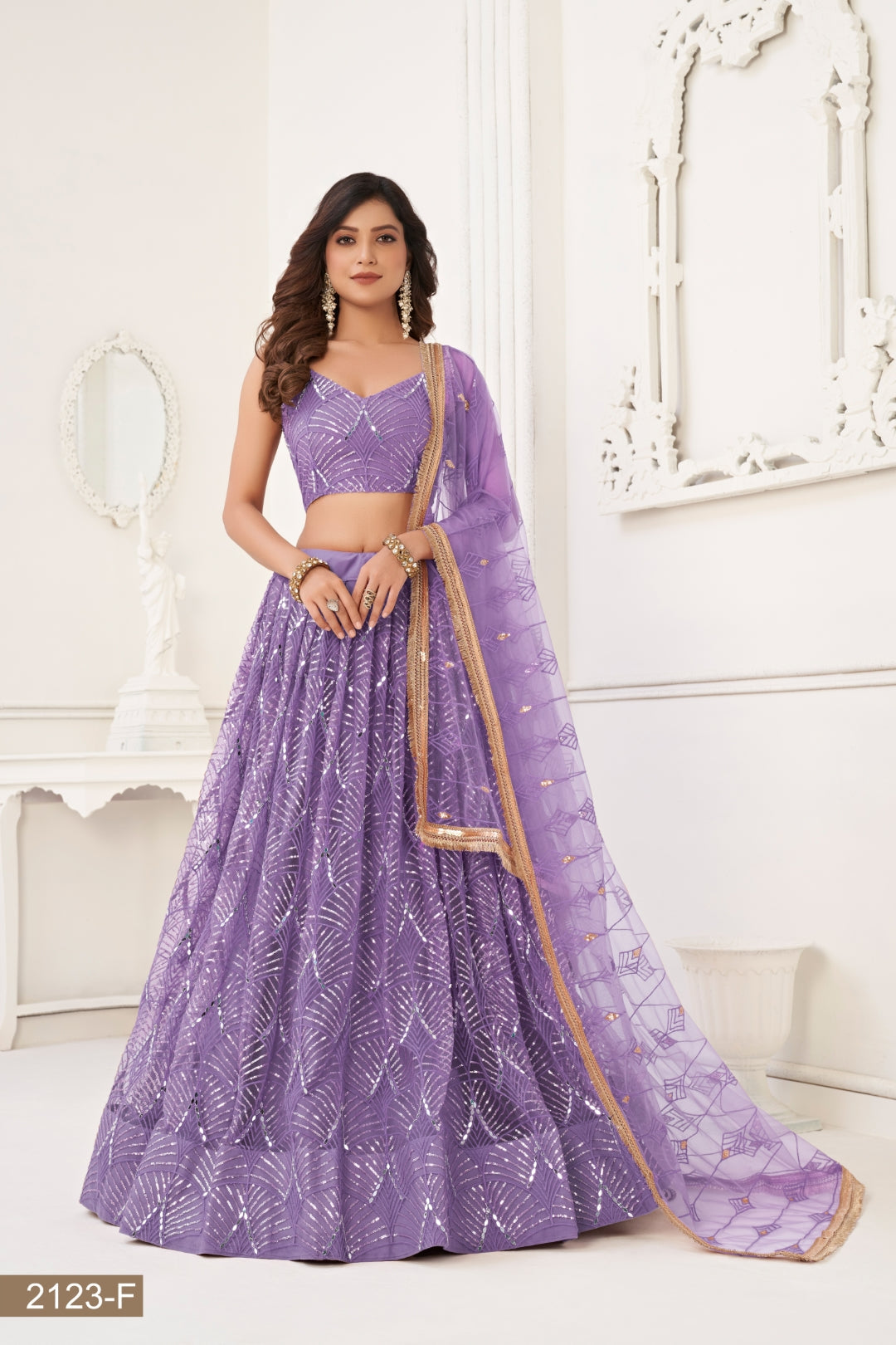 Lavender Butterfly Net Lehenga with Tone-to-Tone Thread Work and Mirror Embroidery