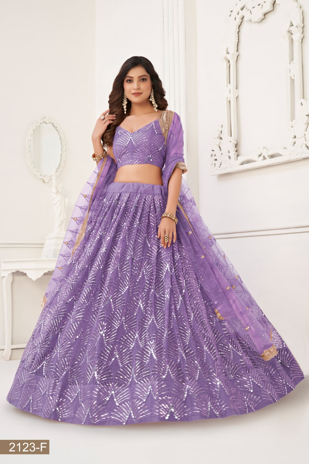 Lavender Butterfly Net Lehenga with Tone-to-Tone Thread Work and Mirror Embroidery