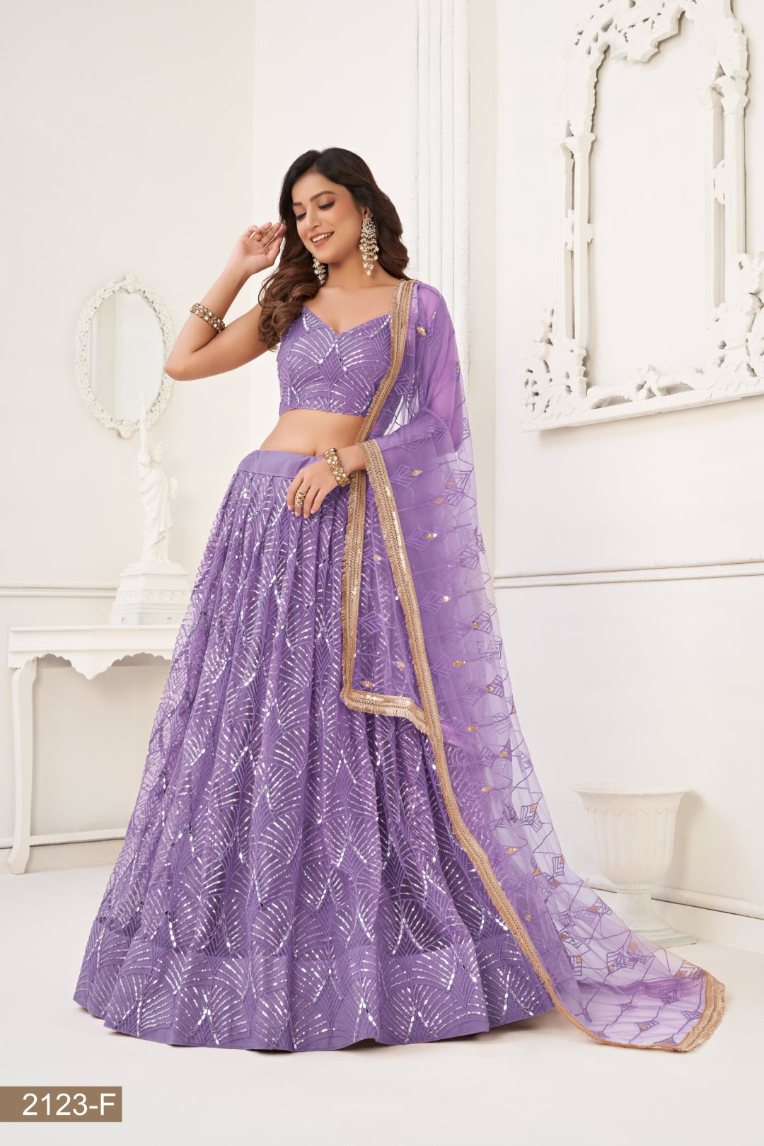 Lavender Butterfly Net Lehenga with Tone-to-Tone Thread Work and Mirror Embroidery