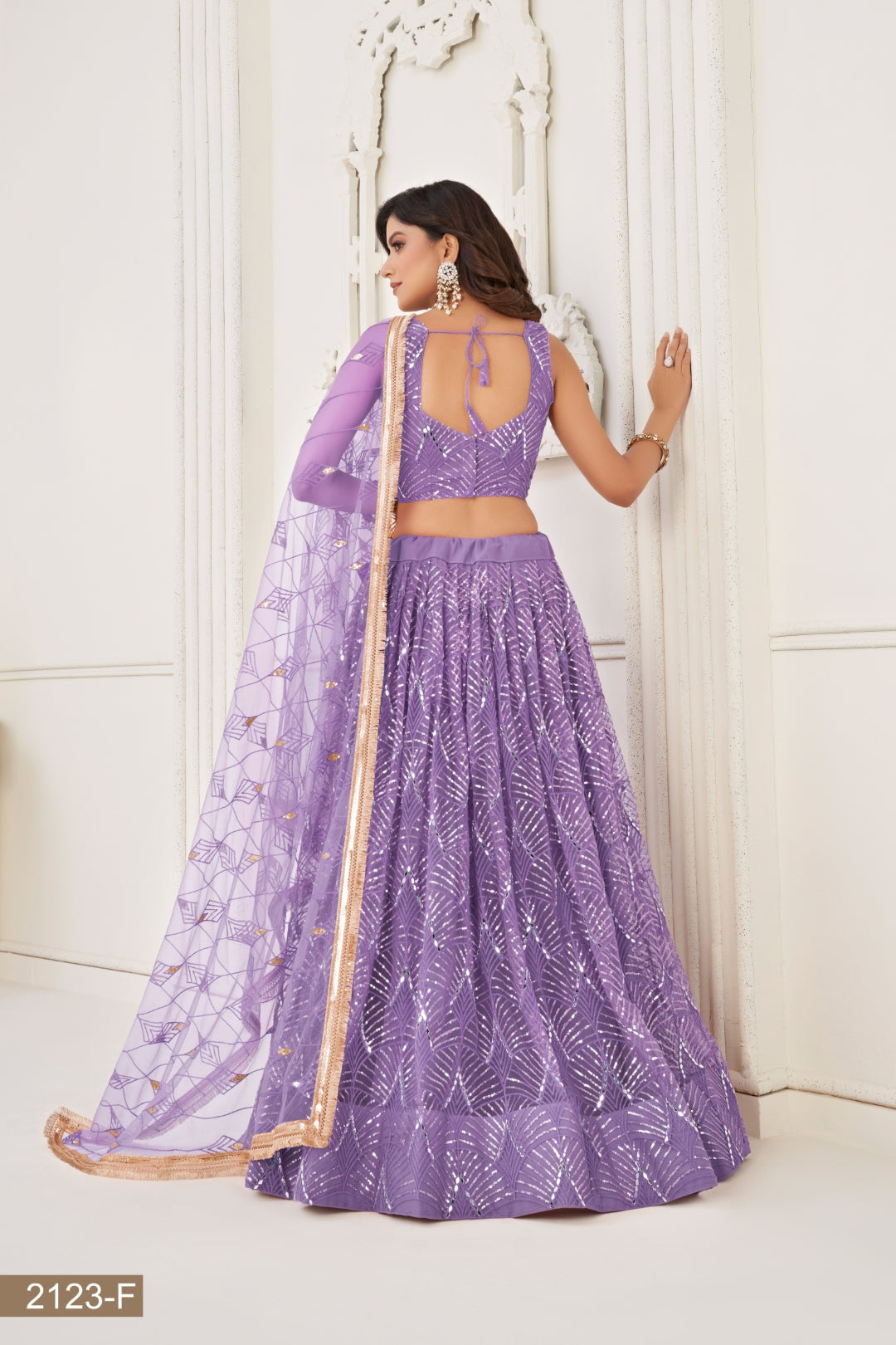 Lavender Butterfly Net Lehenga with Tone-to-Tone Thread Work and Mirror Embroidery