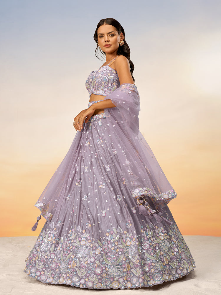Mauve Chiffon Sequins and thread embroidery Semi-Stitched Lehenga choli & Dupatta