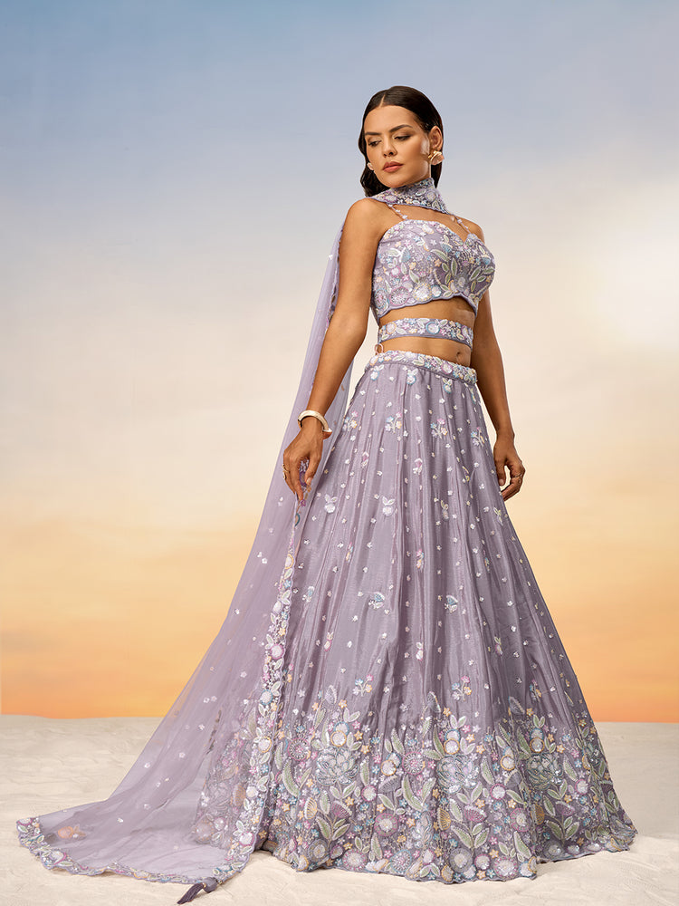 Mauve Chiffon Sequins and thread embroidery Semi-Stitched Lehenga choli & Dupatta