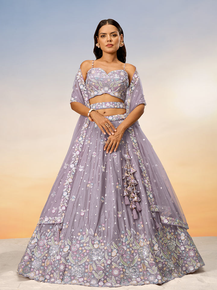 Mauve Chiffon Sequins and thread embroidery Semi-Stitched Lehenga choli & Dupatta