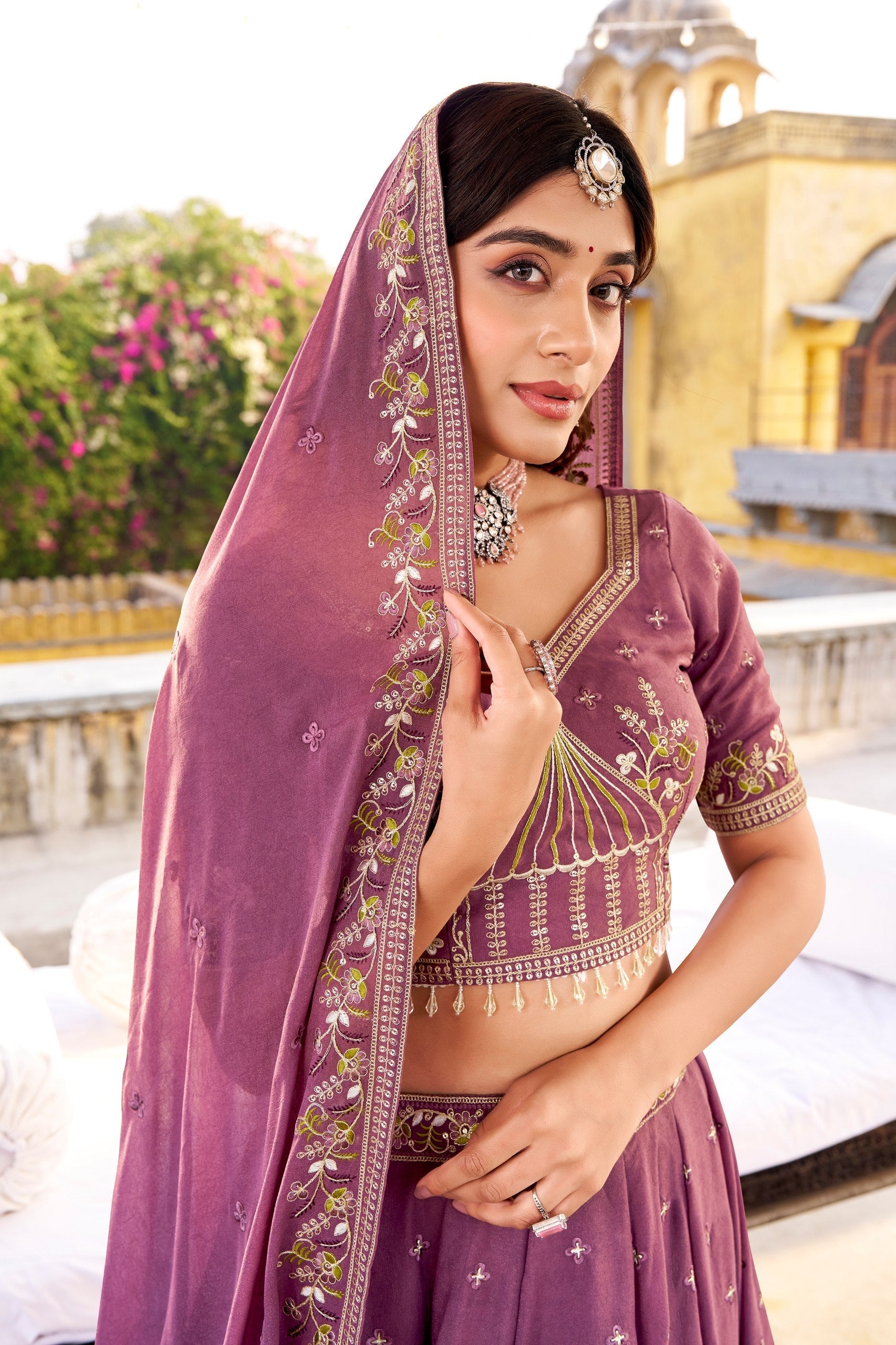 Lavender Chocolate Crush Sequins & Thread Embroidered Lehenga Choli Set with 4-Meter Flair & Matching Dupatta