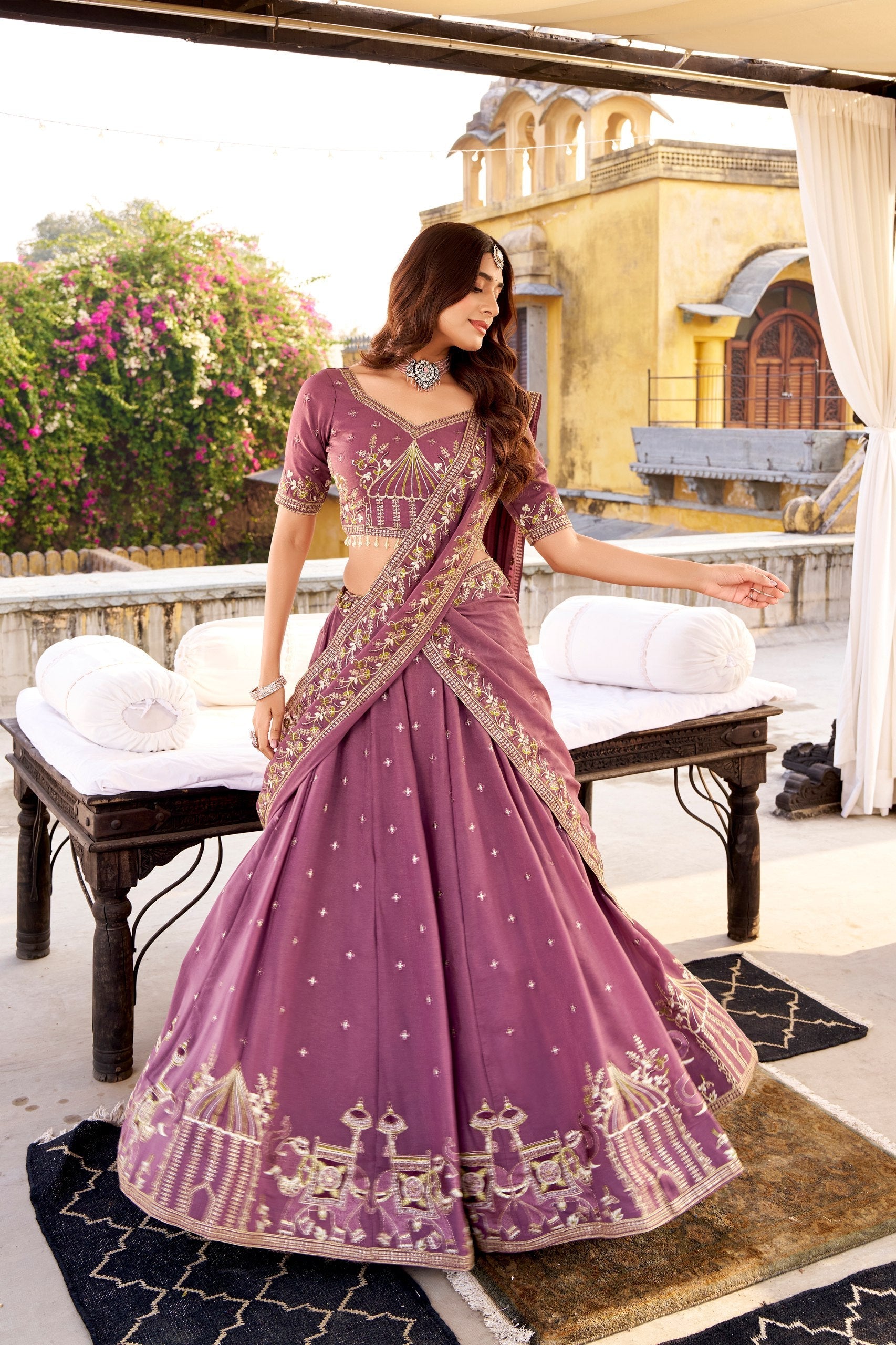 Lavender Chocolate Crush Sequins & Thread Embroidered Lehenga Choli Set with 4-Meter Flair & Matching Dupatta