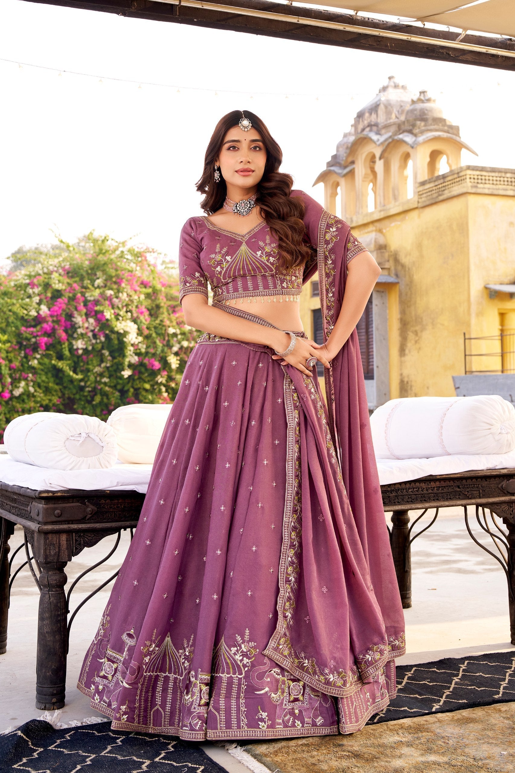 Lavender Chocolate Crush Sequins & Thread Embroidered Lehenga Choli Set with 4-Meter Flair & Matching Dupatta