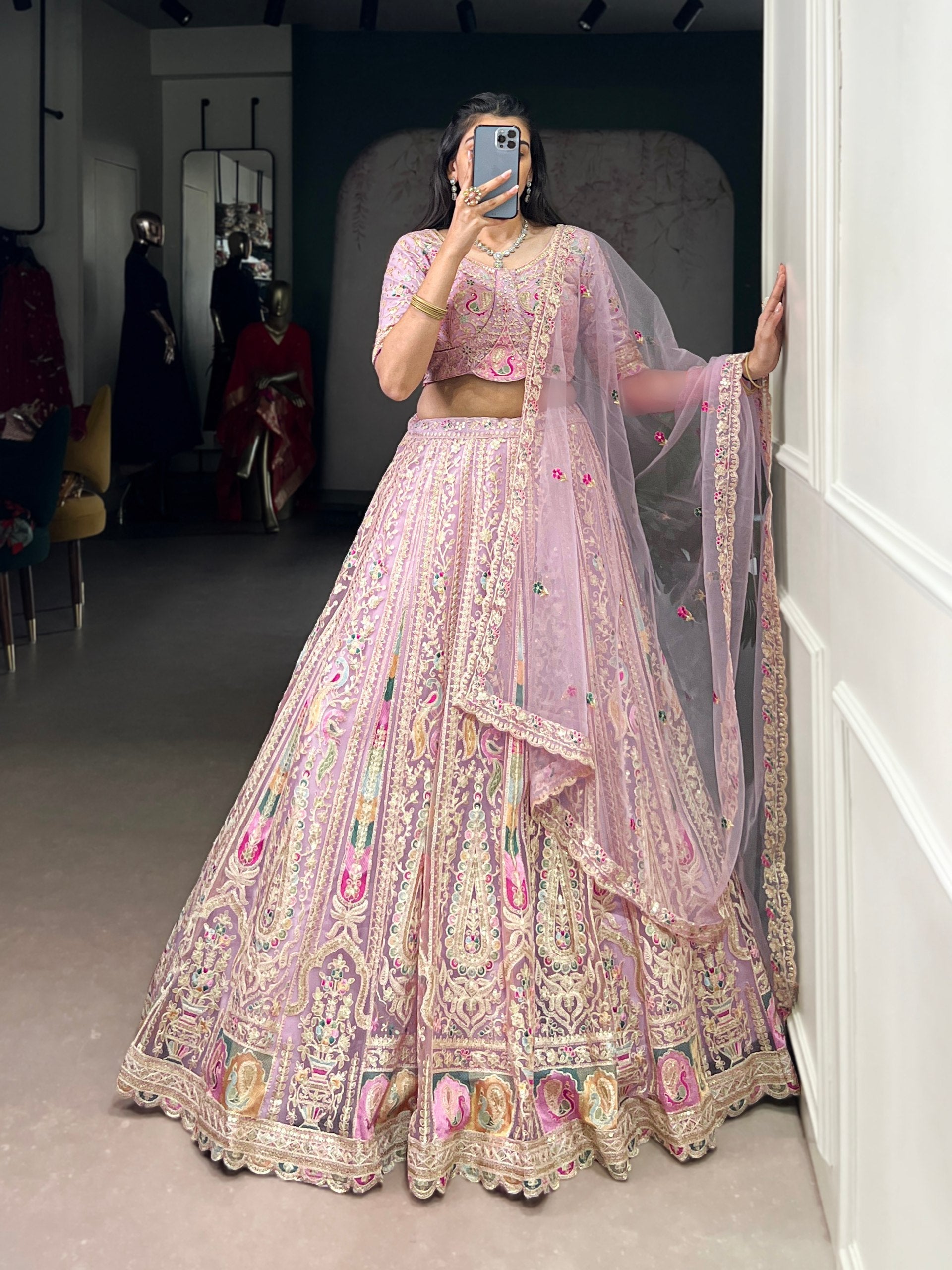 Lavender Designer Net Lehenga with Sequins & Thread Embroidery Work, Stitched Lehenga with Unstitched Blouse & Dupatta
