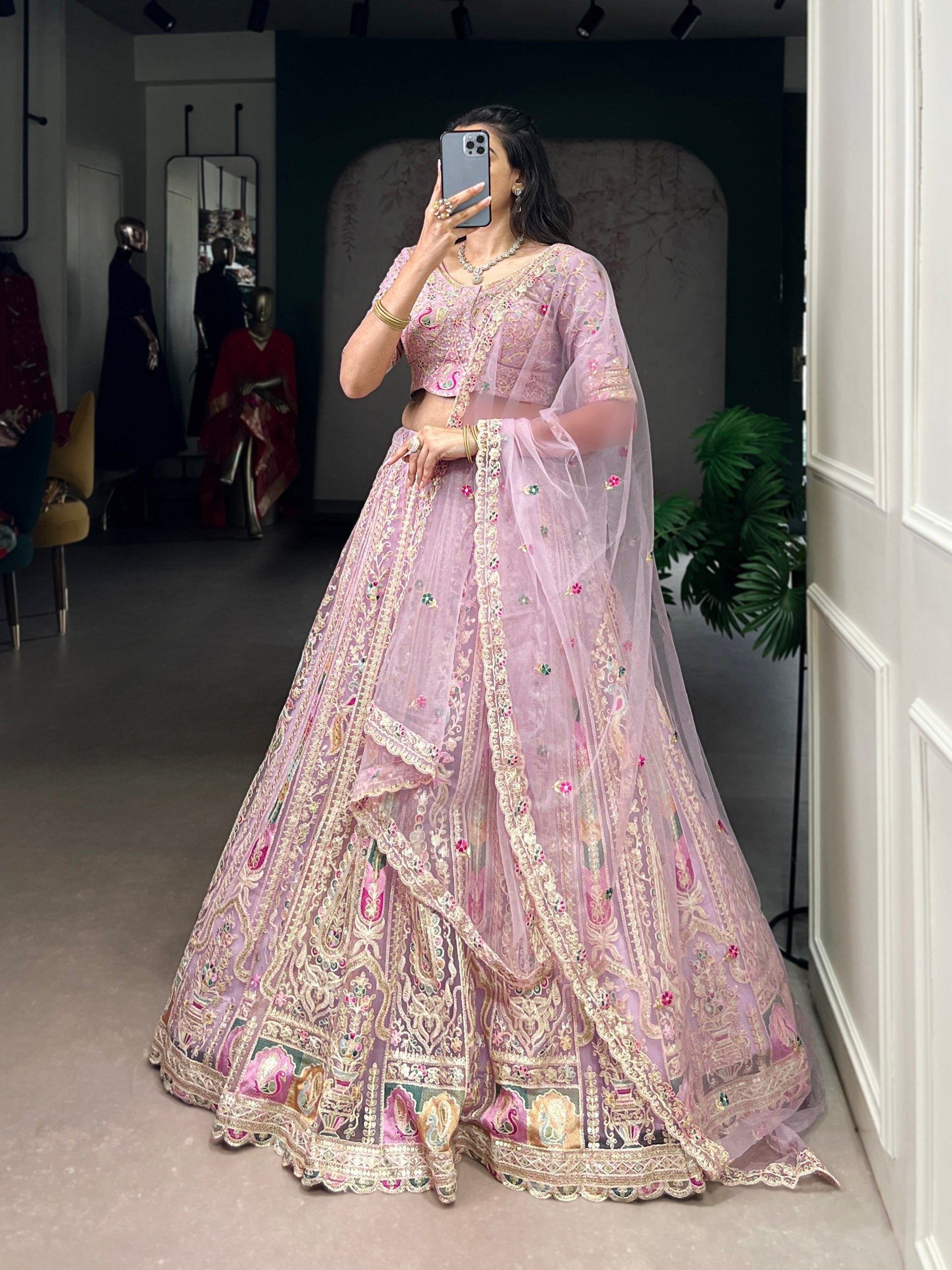 Lavender Designer Net Lehenga with Sequins & Thread Embroidery Work, Stitched Lehenga with Unstitched Blouse & Dupatta