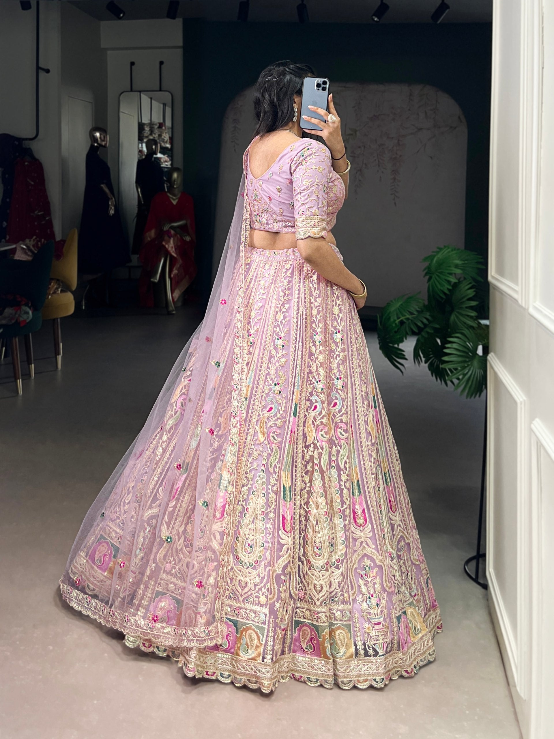 Lavender Designer Net Lehenga with Sequins & Thread Embroidery Work, Stitched Lehenga with Unstitched Blouse & Dupatta