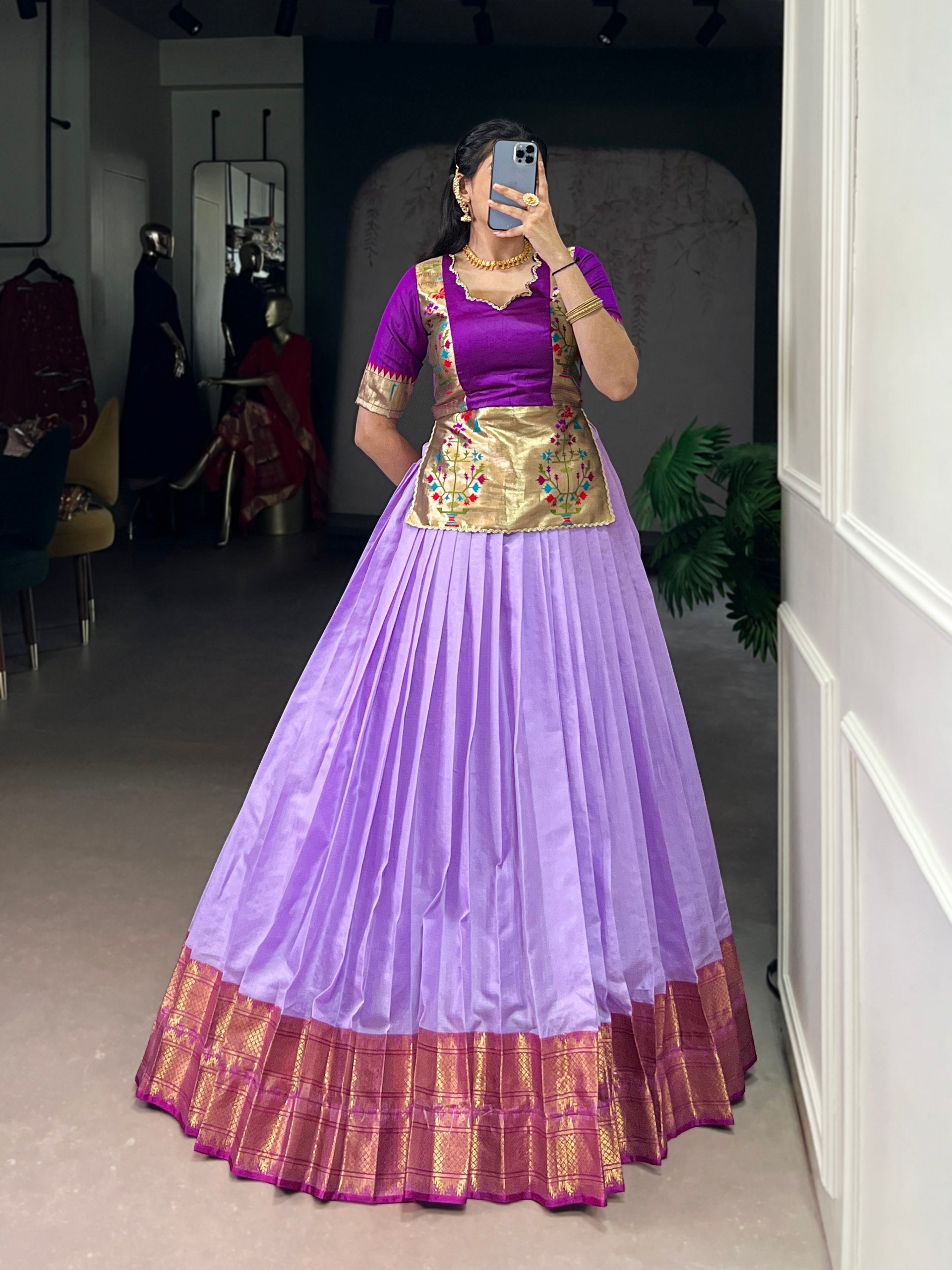 Lavender Elegant Cotton Silk Zari Weaving Lehenga Choli Set with Jacquard Silk Blouse & Lace Touch – Stitched Ensemble