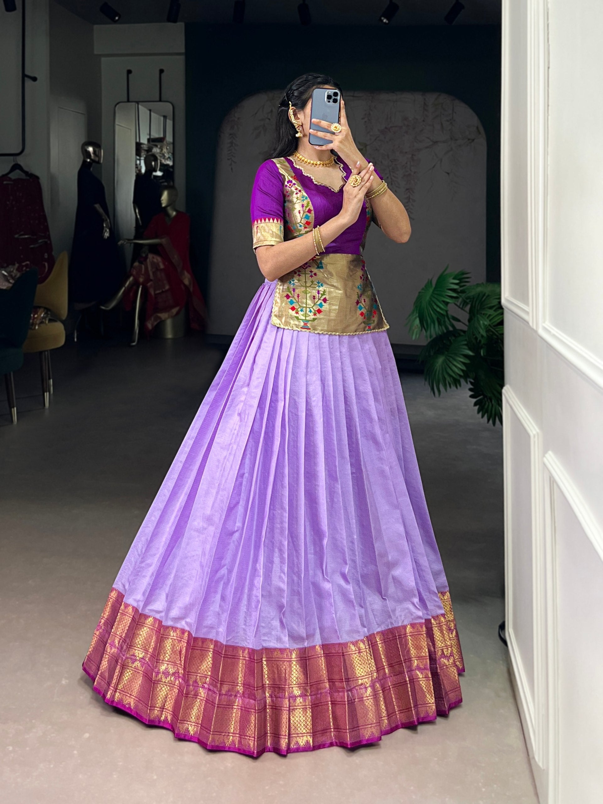 Lavender Elegant Cotton Silk Zari Weaving Lehenga Choli Set with Jacquard Silk Blouse & Lace Touch – Stitched Ensemble