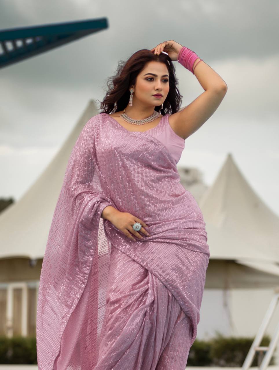 Lavender Elegant Georgette Sequin Work Saree with Banglori Silk Blouse