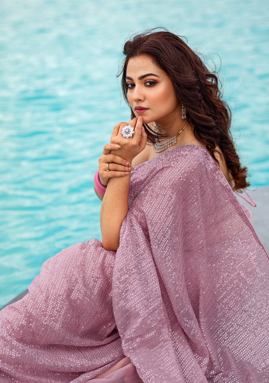 Lavender Elegant Georgette Sequin Work Saree with Banglori Silk Blouse